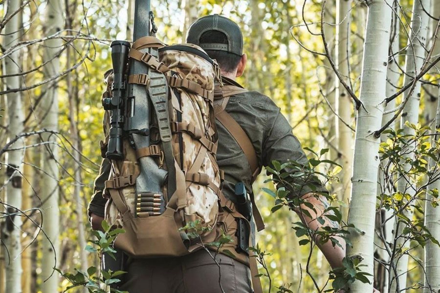Back of man walking through birch grove with Quake gear on.