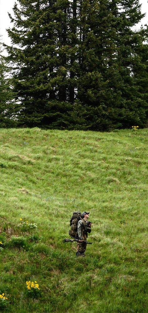 Man dressed in camo surround by green mountain landscape.