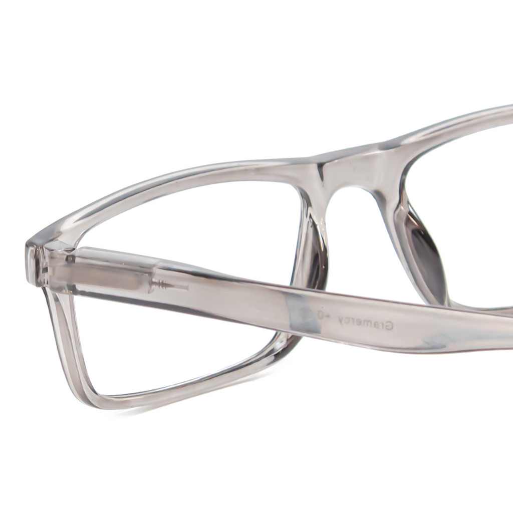 Close Up View of Magz Gramercy Magnetic Neck Hanging Reading Glasses w/ Snap It Design in Crystal Transparent Smoke Gray