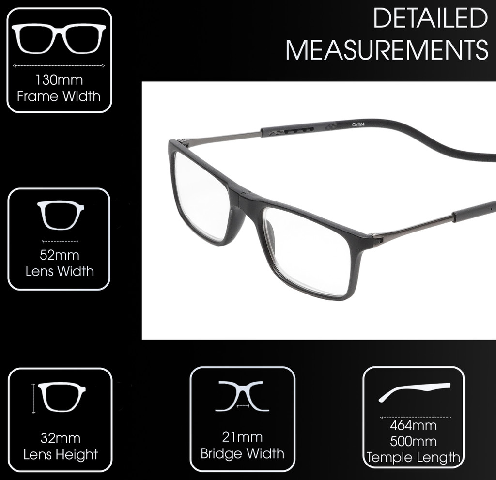 Frame Dimensions View of Calabria SP02 Snap Magnetic Reading Glasses Black Front Connect Adjustable Temples Eyeglass Around Neck Hanging Readers