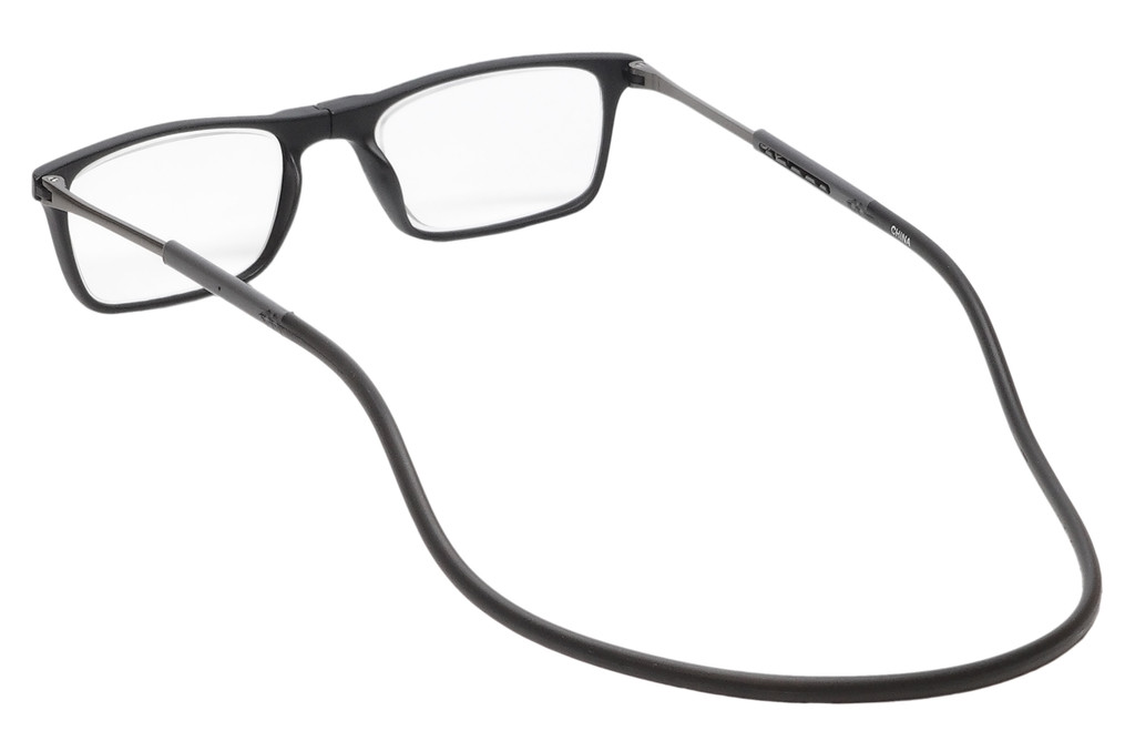 Close Up View of Calabria SP02 Snap Magnetic Reading Glasses Black Front Connect Adjustable Temples Eyeglass Around Neck Hanging Readers