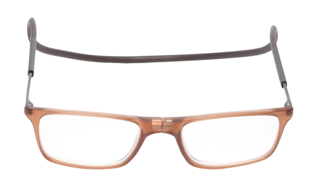 Front View of Calabria SP02 Snap Magnetic Reading Glasses Blue Light Crystal Brown Adjustable Temples Around the Neck Hanging Readers