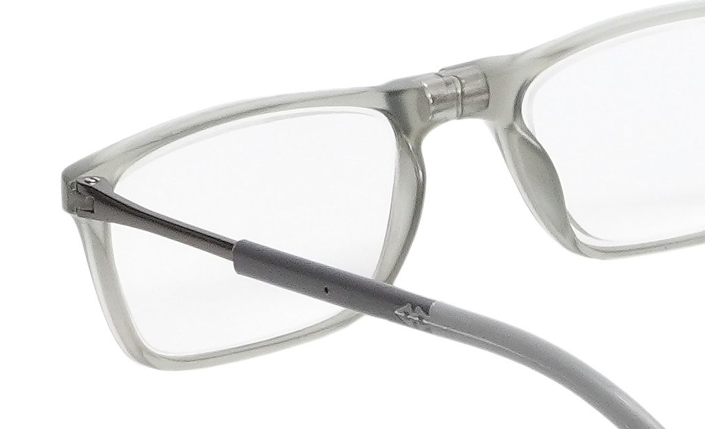 Close Up View of Calabria SP02 Snap Magnetic Reading Glasses Crystal Grey Front Connect Adjustable Temples Around Neck Hanging Readers