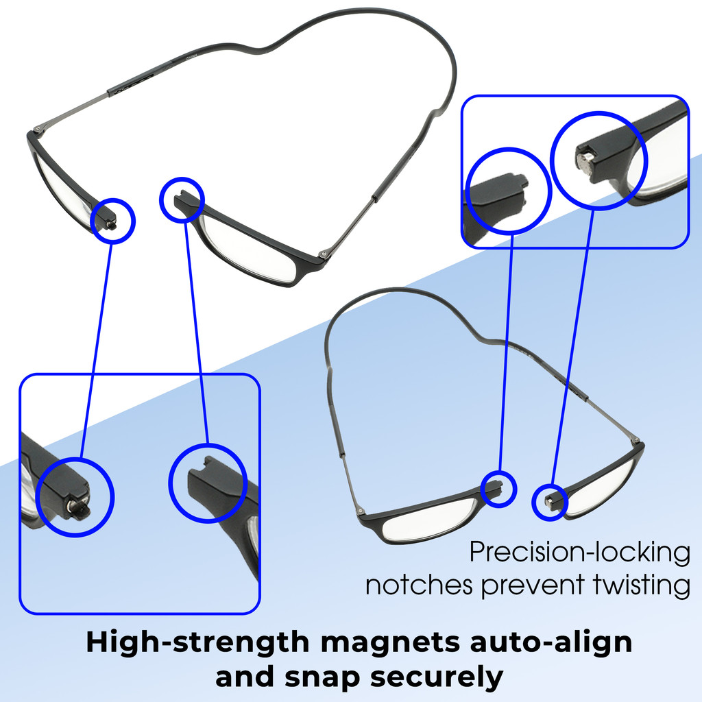 Functionality Illustration View of Calabria SP03 Snap Magnetic Reading Glasses Black Front Connect Adjustable Temples Eyeglass Around Neck Hanging Readers