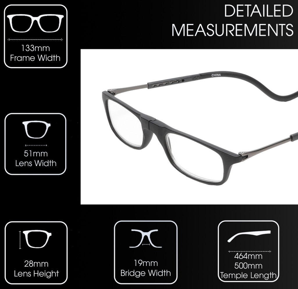 Frame Dimensions View of Calabria SP03 Snap Magnetic Reading Glasses Blue Light Black Men Women Adjustable Temples Around Neck Hanging Readers