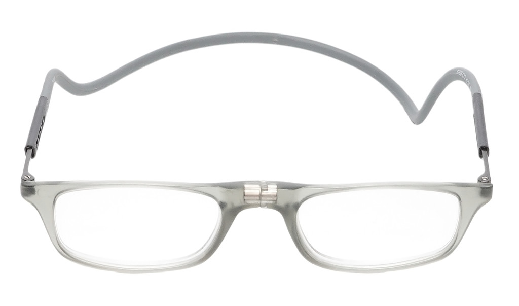 Front View of Calabria SP03 Snap Magnetic Reading Glasses Crystal Grey Front Connect Adjustable Temples Around Neck Hanging Readers