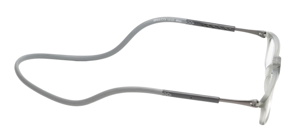 Side View of Calabria SP03 Snap Magnetic Reading Glasses Crystal Grey Front Connect Adjustable Temples Around Neck Hanging Readers