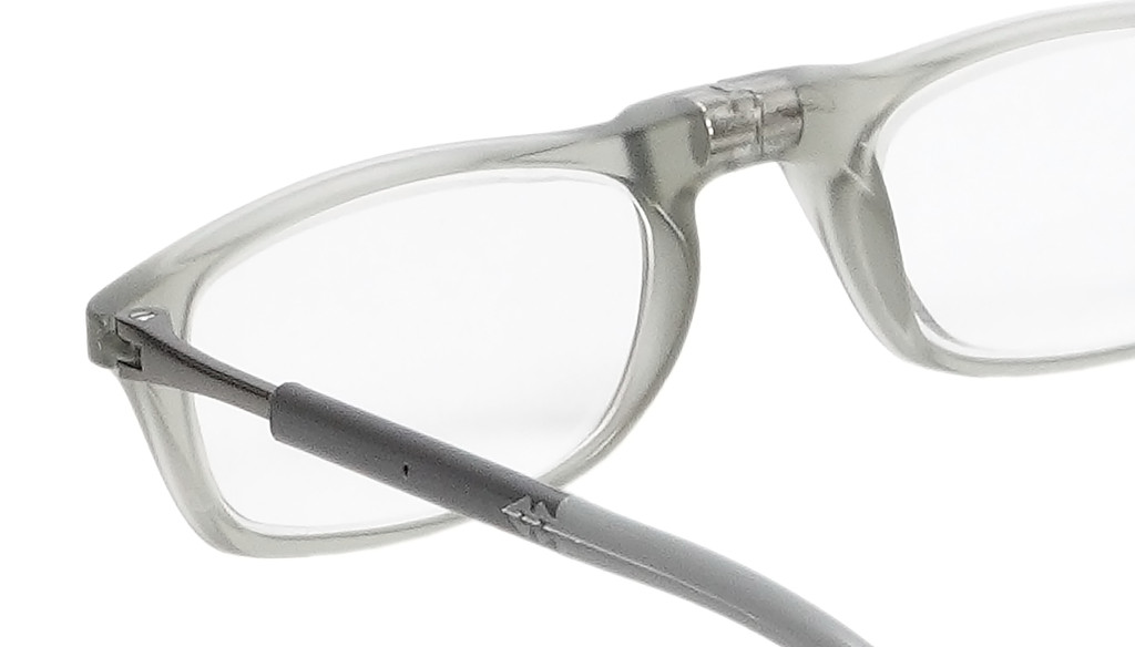 Close Up View of Calabria SP03 Snap Magnetic Reading Glasses Crystal Grey Front Connect Adjustable Temples Around Neck Hanging Readers