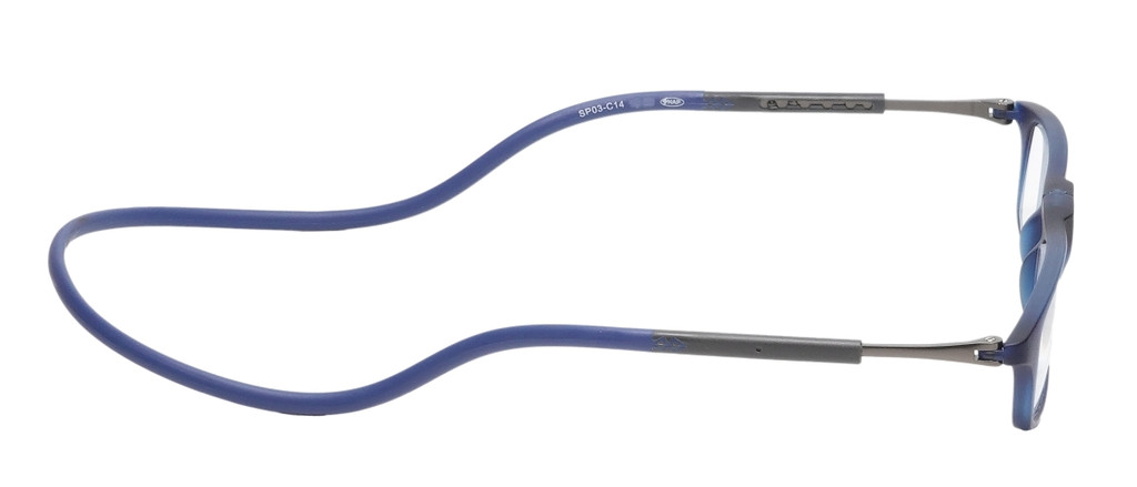 Side View of Calabria SP03 Snap Magnetic Reading Glasses Crystal Blue Front Connect Adjustable Temples Around Neck Hanging Readers