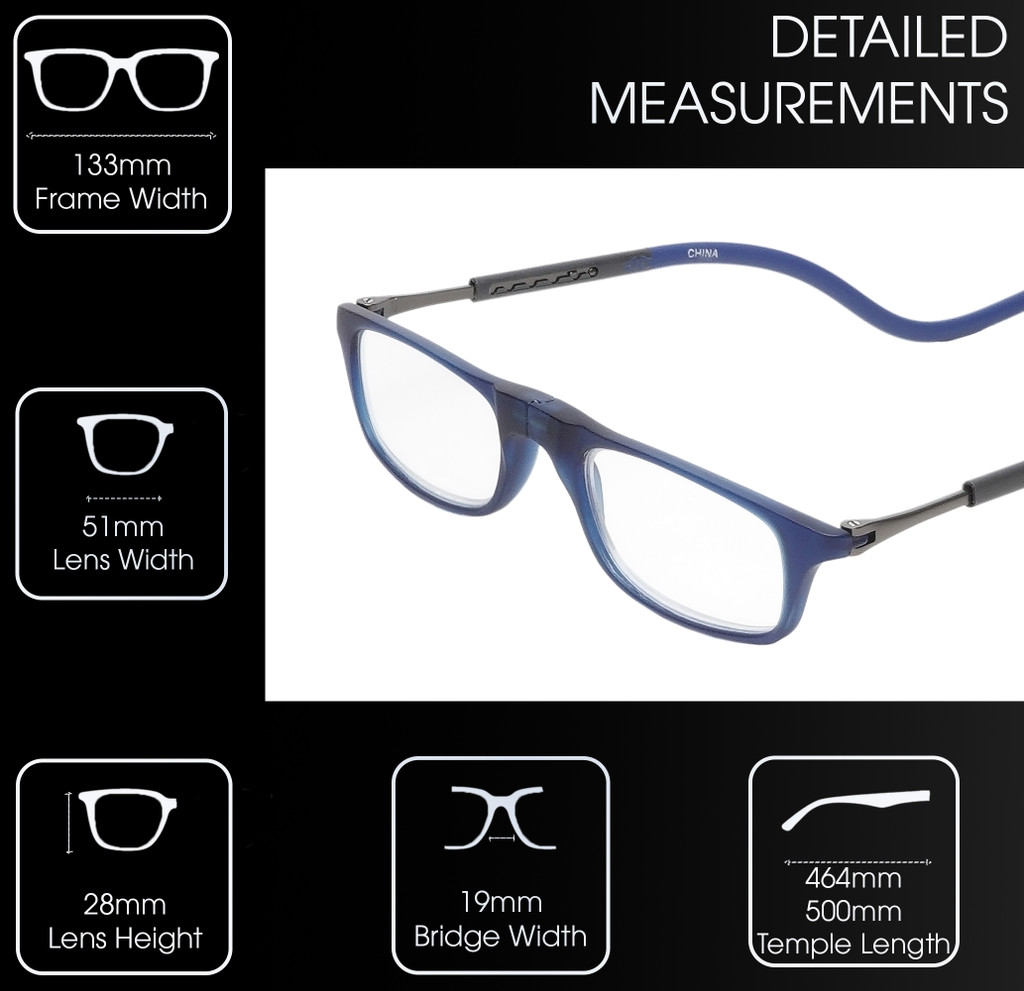 Frame Dimensions View of Calabria SP03 Snap Magnetic Reading Glasses Crystal Blue Front Connect Adjustable Temples Around Neck Hanging Readers