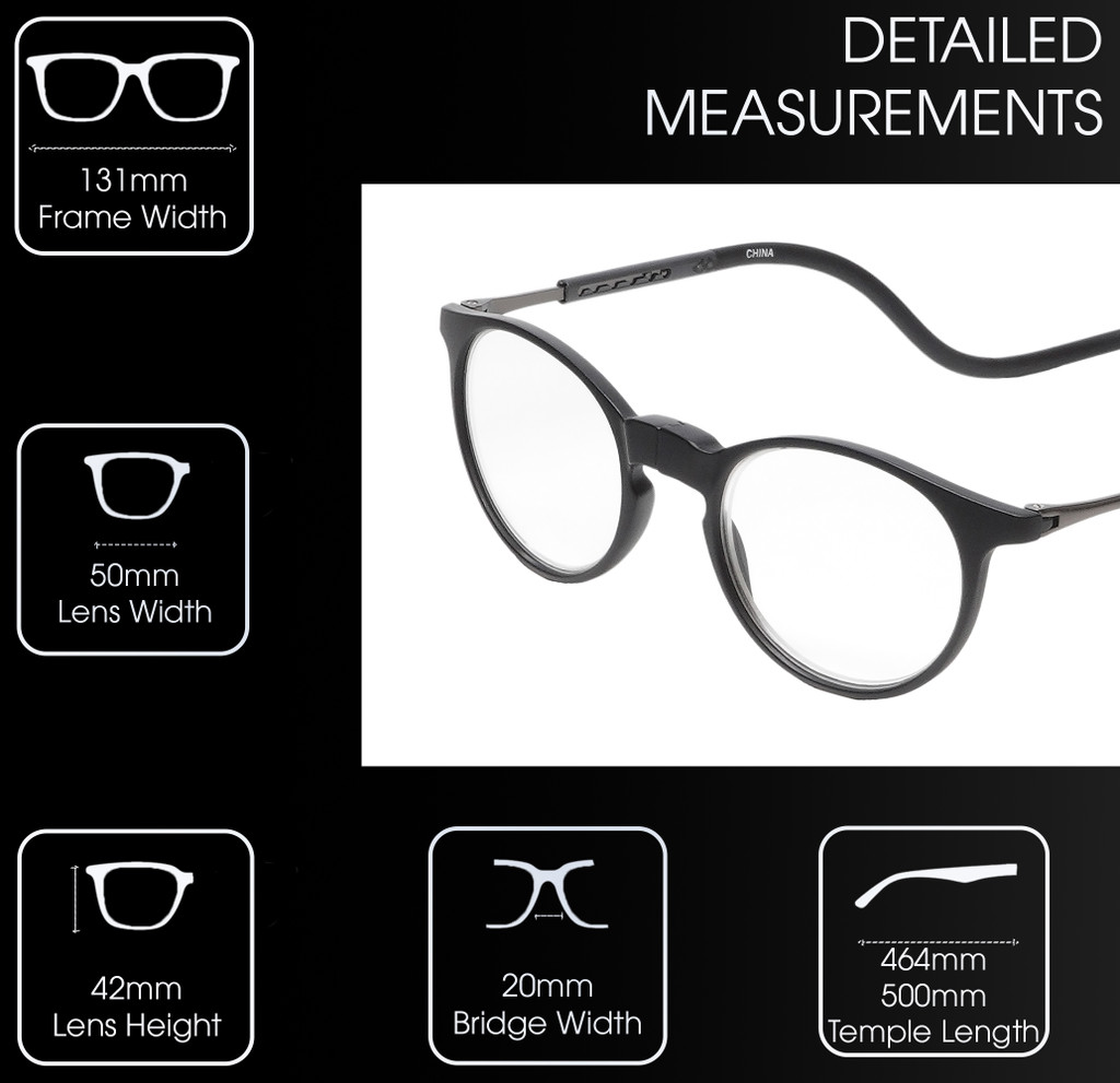 Frame Dimensions View of Calabria SP04 Snap Magnetic Reading Glasses Blue Light Black Men Women Adjustable Temples Around Neck Hanging Readers