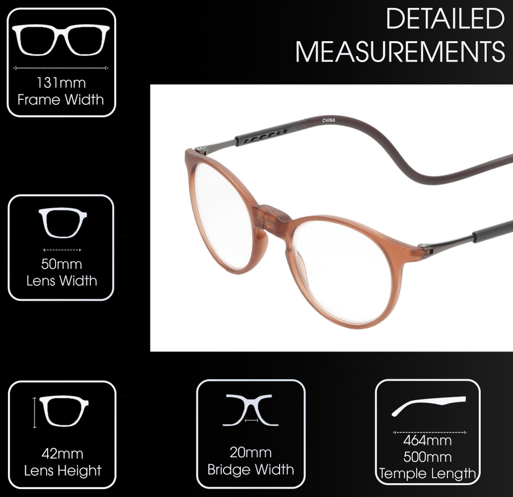 Frame Dimensions View of Calabria SP04 Snap Magnetic Reading Glasses Crystal Brown Adjustable Temples Eyeglass Around the Neck Hanging Readers