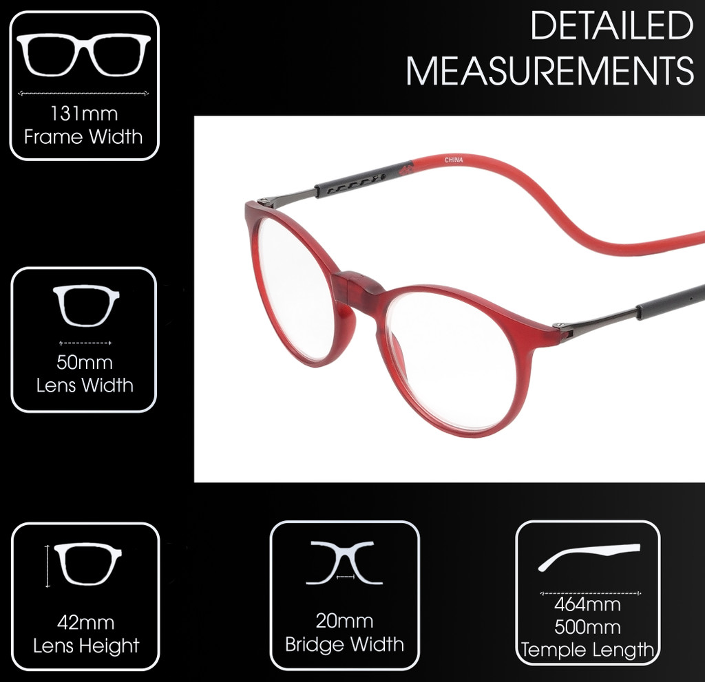Frame Dimensions View of Calabria SP04 Snap Magnetic Reading Glasses Crystal Red Front Connect Adjustable Temples Around Neck Hanging Readers