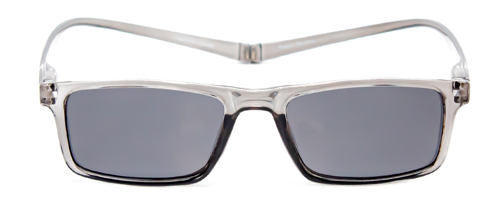 Front View of Magz Gramercy Magnetic Neck Hanging SunGlasses w/ Snap It Design in Crystal Transparent Smoke Grey with Gray Lenses