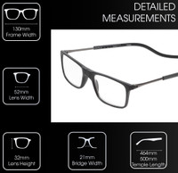 Frame Dimensions View of Calabria SP02 Snap Magnetic Reading Glasses Black Front Connect Adjustable Temples Eyeglass Around Neck Hanging Readers