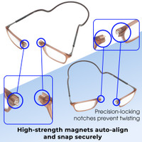 Functionality Illustration View of Calabria SP02 Snap Magnetic Reading Glasses Crystal Brown Adjustable Temples Eyeglass Around the Neck Hanging Readers