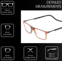 Frame Dimensions View of Calabria SP02 Snap Magnetic Reading Glasses Blue Light Crystal Brown Adjustable Temples Around the Neck Hanging Readers