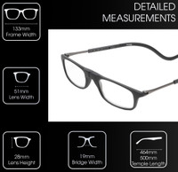 Frame Dimensions View of Calabria SP03 Snap Magnetic Reading Glasses Black Front Connect Adjustable Temples Eyeglass Around Neck Hanging Readers