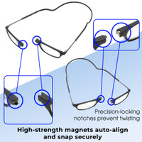 Functionality Illustration View of Calabria SP03 Snap Magnetic Reading Glasses Black Front Connect Adjustable Temples Eyeglass Around Neck Hanging Readers