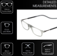Frame Dimensions View of Calabria SP03 Snap Magnetic Reading Glasses Crystal Grey Front Connect Adjustable Temples Around Neck Hanging Readers