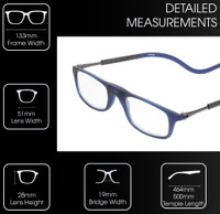 Frame Dimensions View of Calabria SP03 Snap Magnetic Reading Glasses Crystal Blue Front Connect Adjustable Temples Around Neck Hanging Readers