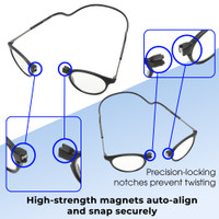 Functionality Illustration View of Calabria SP04 Snap Magnetic Reading Glasses Blue Light Black Men Women Adjustable Temples Around Neck Hanging Readers