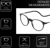 Frame Dimensions View of Calabria SP04 Snap Magnetic Reading Glasses Blue Light Black Men Women Adjustable Temples Around Neck Hanging Readers
