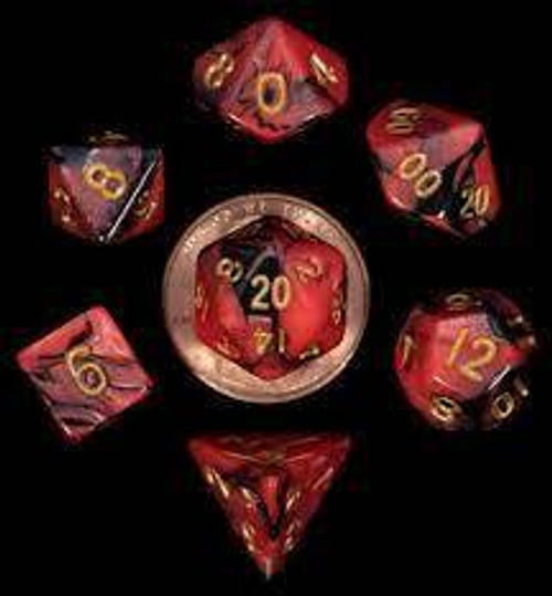 Metallic Dice Company Mini Polyhedral Dice Set Red/Black with Gold Numbers