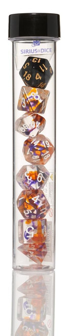 Sirius Dice RPG Dice Set 7 Purple, Orange Clear at LionHeart Hobby