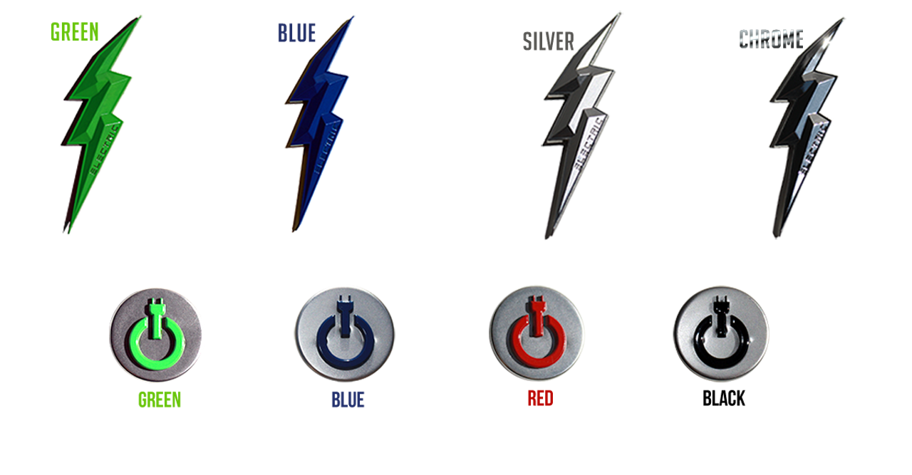Electric Hybrid Kia Models Emblems Badges Logos Lightening bolt push start button emblem, red green blue black emblems, silver chrome blue green electric bolt emblem