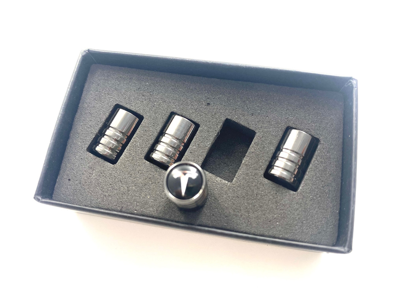 ~Black Chrome~ Metal Valve Stem Cap Set 4pc for Tesla Models 