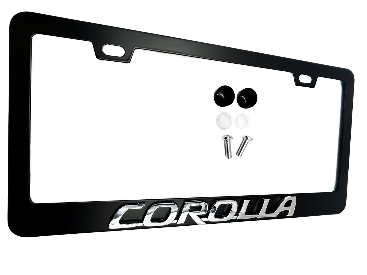 COROLLA Black License Plate Frame Stainless Steel with Chrome Logo