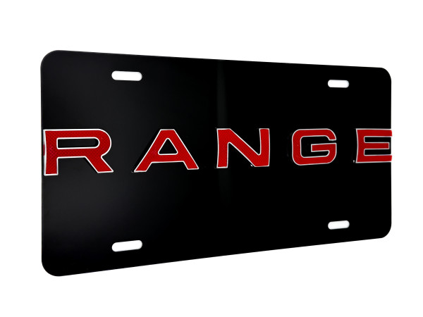 RANGE FRONT VANITY License Plate with CHROME/RED Badge 