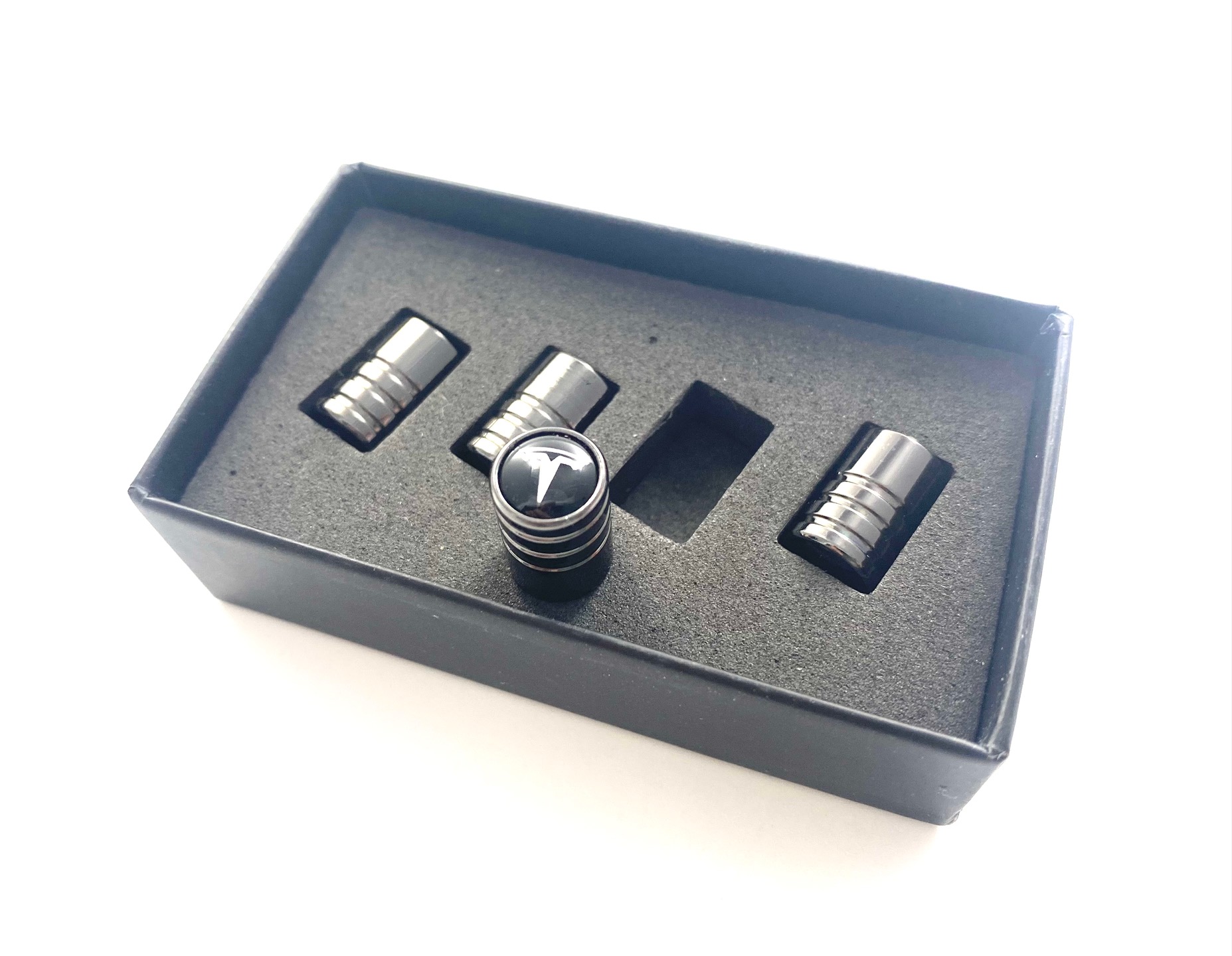 4x Tesla Tire Valve Stem Caps – Metallic Black, Aluminum, Universal Fit – Express Emblems