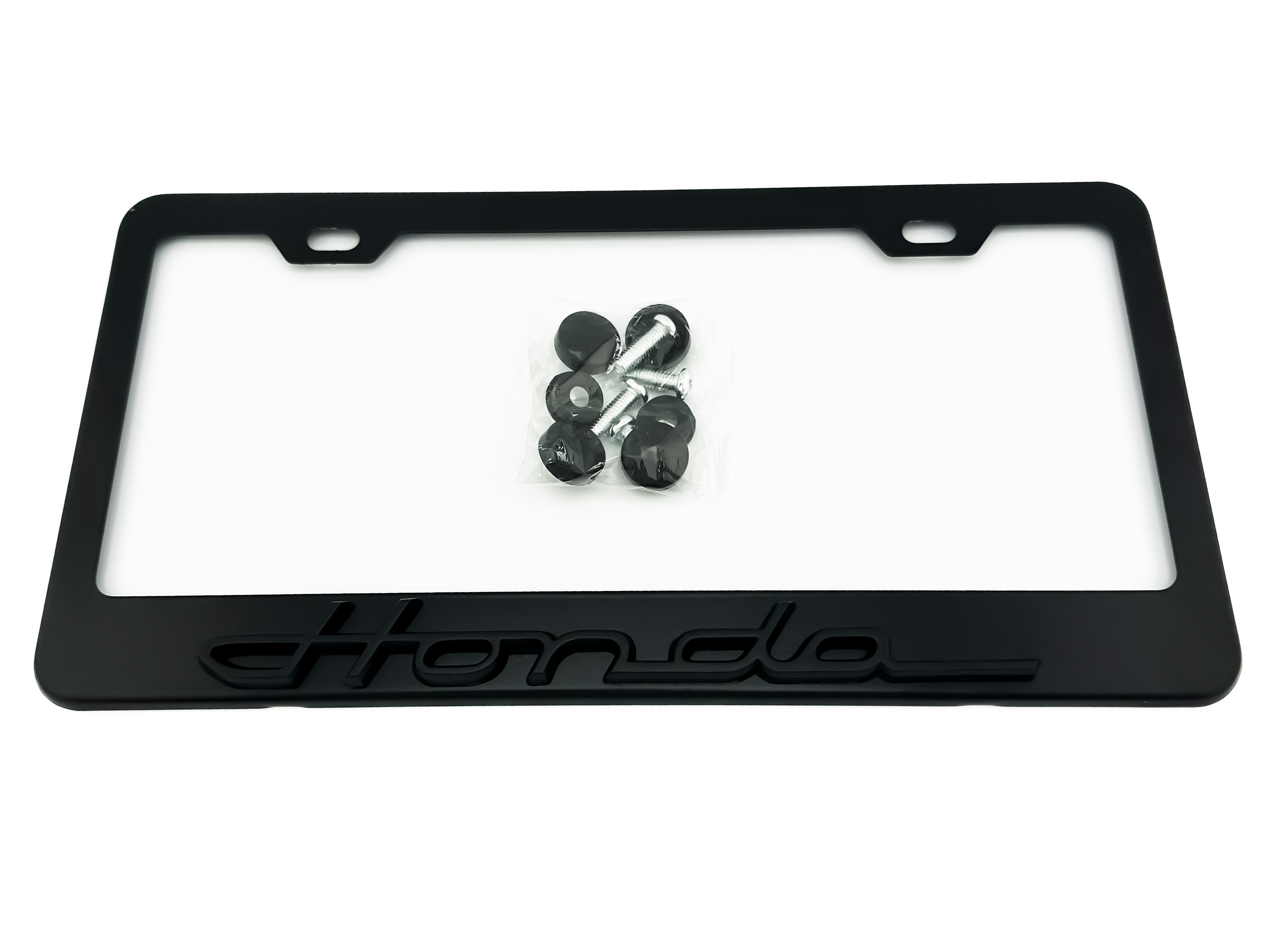 Honda script cursive logo black license plate frame stainless