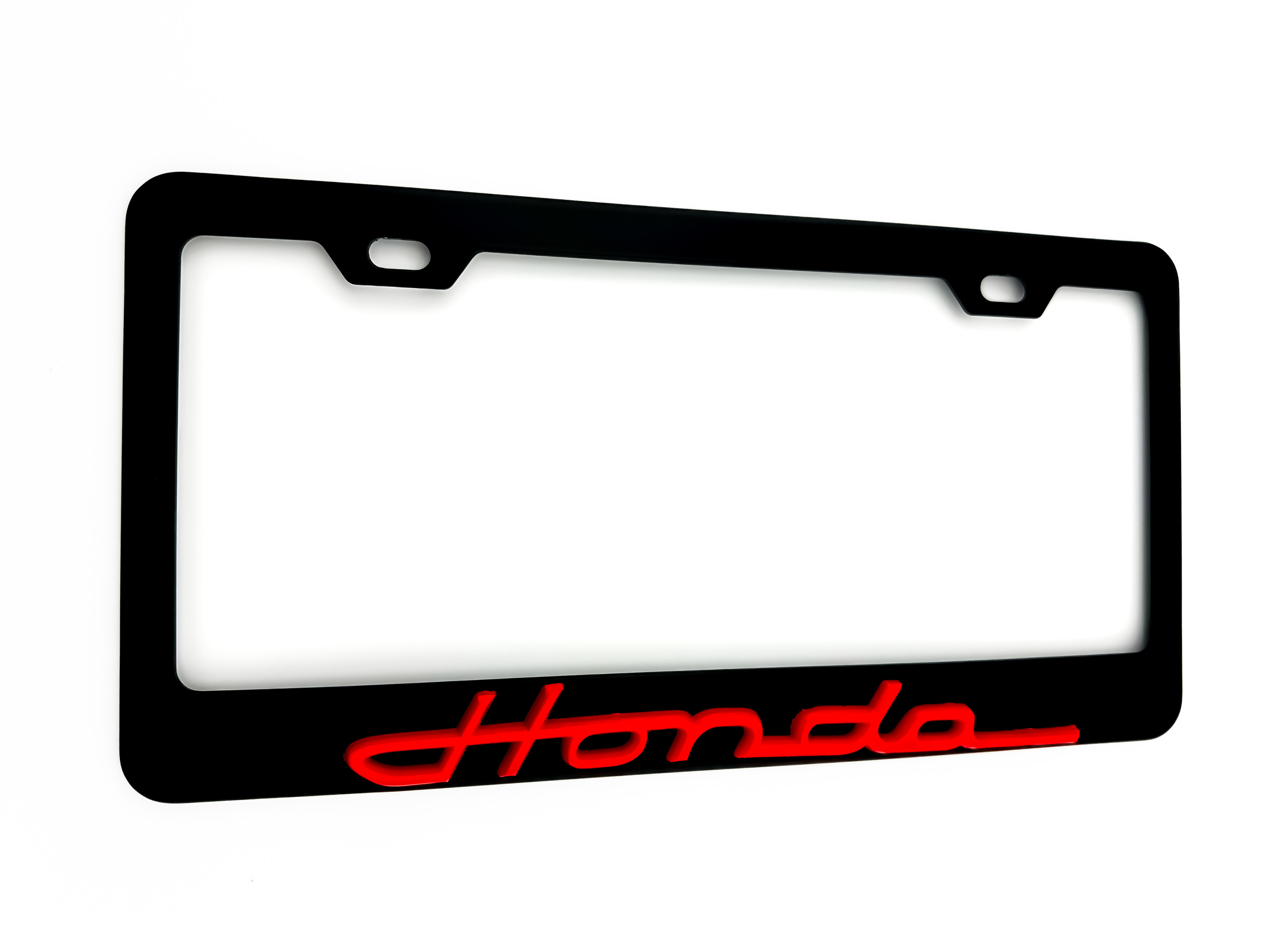 red vintage Honda script cursive logo black license plate frame