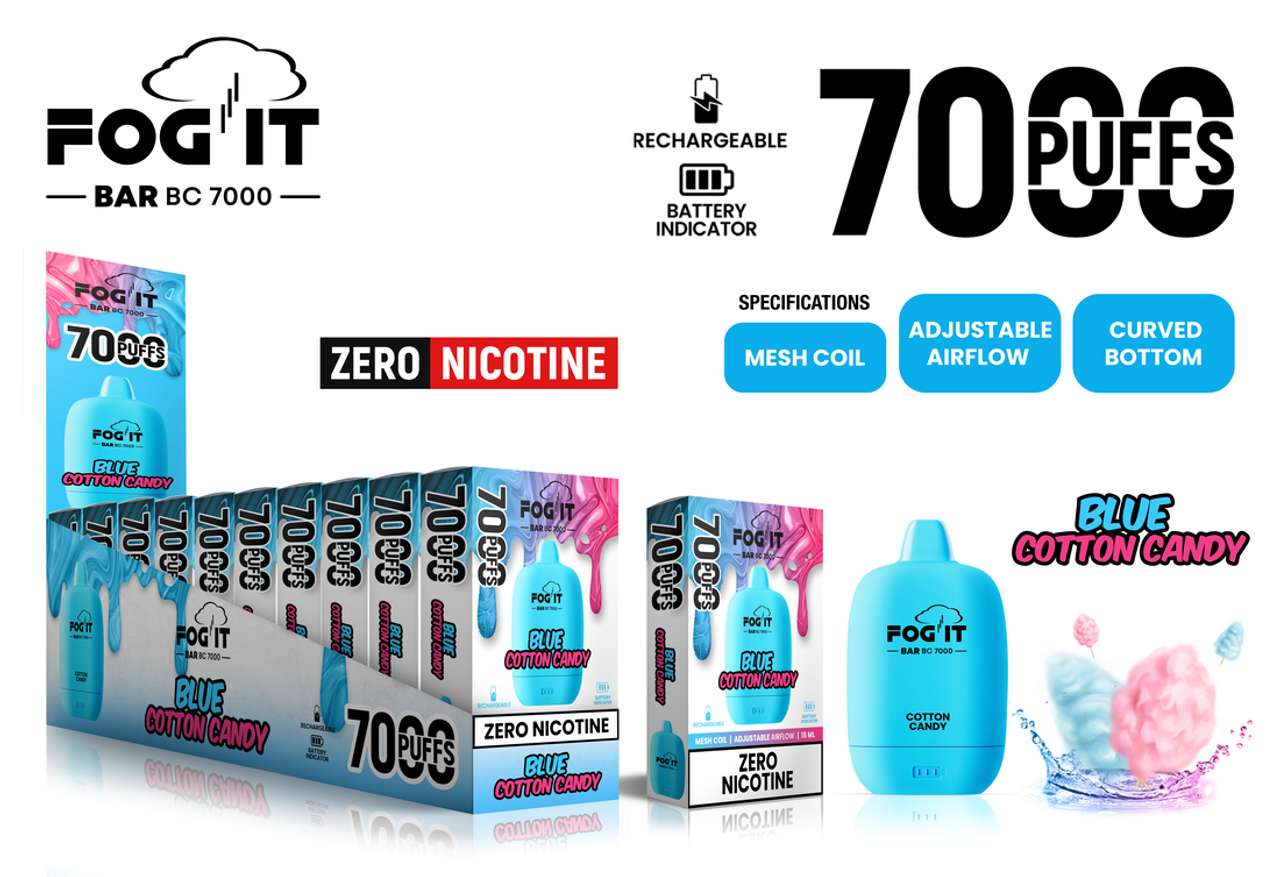 FOG IT BAR ZERO NIC BC7000 RECHARGEABLE DISPOSABLE 7000 PUFFS 15ML - BLUE  COTTON CANDY