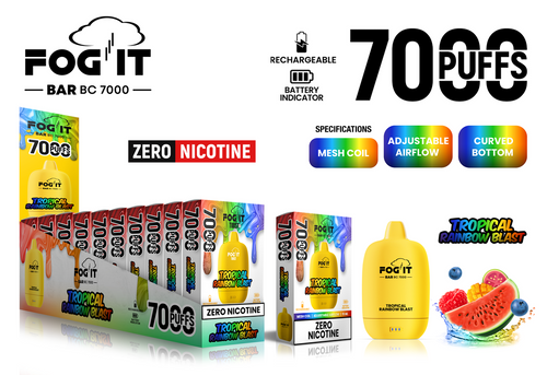 FOG IT BAR ZERO NIC BC7000 RECHARGEABLE DISPOSABLE 7000 PUFFS 15ML - TROPICAL RAINBOW BLAST FOG IT BAR ZERO NIC BC7000 RECHARGEABLE DISPOSABLE 7000 PUFFS 15ML - TROPICAL RAINBOW BLAST