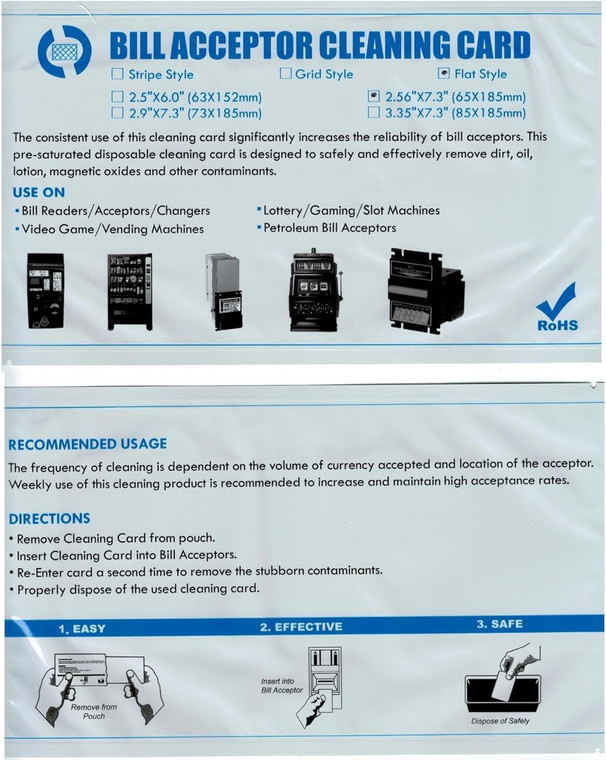Presaturated Bill Validator Cleaning Cards, Compatible with All Bill Validators, Readers and Currency Counters - 2.5" by 7.5"
