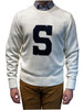 Alan Paine Varsity S Sweater in Ivory color with black lettering, a classic collegiate style.
