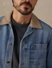 Faherty High Ridge Twill Studio Jacket, blue denim, organic cotton, collared, button closure, chest pocket.