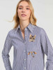 Vilagallo Striped Cat Blouse, blue and white vertical stripes, embroidered kitten pocket, button down collar.
