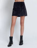 Central Park West Scarlet Genuine Suede Button Skirt in Black with A-line silhouette and mini length.