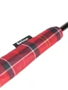 Barbour Cardinal Tartan Walker Umbrella handle with red plaid pattern and engraved logo.