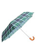 Barbour Tartan Mini Umbrella in evergreen tartan pattern with wooden handle and orange hook.