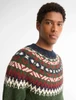Barbour Scottish Fair Isle sweater, green, red, white, and blue multicolor pattern, pure wool knitwear.
