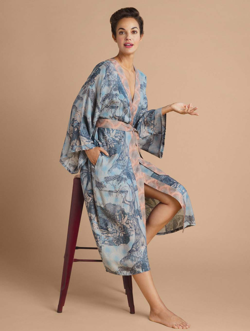 Womens Kimono Dressing Gown Blue Tiger Print