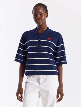 Stripe Button Up Heart Polo | Brodie Cashmere