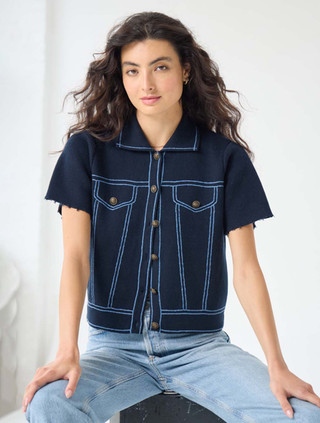 Short Sleeve Faux Denim Sweater Top | Autumn Cashmere