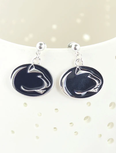 Penn State Enamel Logo Earrings in silver plated with black enamel, Seasons Jewelry brand logo design.